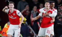 Arsenal’s Gabriel Martinelli (second right) celebrates scoring their second goal with Reiss Nelson and Kieran Tierney.