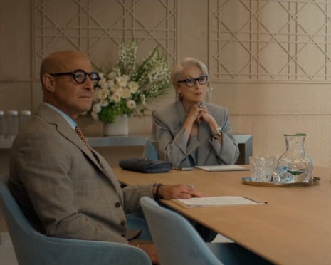 Stanley Tucci and Meryl Streep sitting at a large table in The Devil Wears Prada 2.