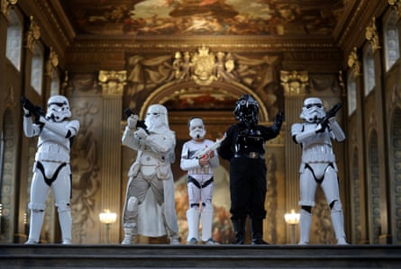 StarWars fans dressed as Stormtroopers pose in the Painted Hall at Greenwich Naval College.