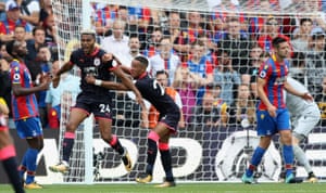 Steve Mounié celebrates scoring Huddersfield’s second goal during as they beat Crystal Palace 3-0 at Selhurst Park