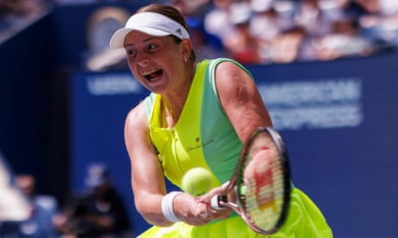 Jelena Ostapenko plays a two-handed backhand in her match against Coco Gauff