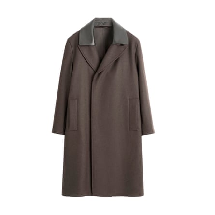 A long brown coat with a contrast leather collar