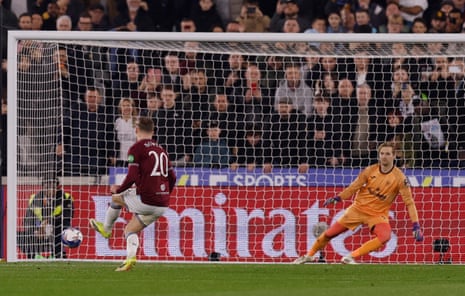 West Ham United's Jarrod Bowen scores their second goal from the penalty spot.