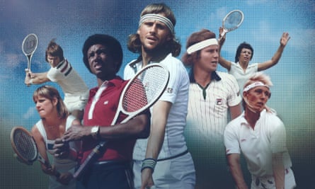 From left: Chris Evert, Jimmy Connors, Arthur Ashe, Bjorn Borg, John McEnroe, Billie Jean King and Martina Navaratilova in Gods of Tennis.