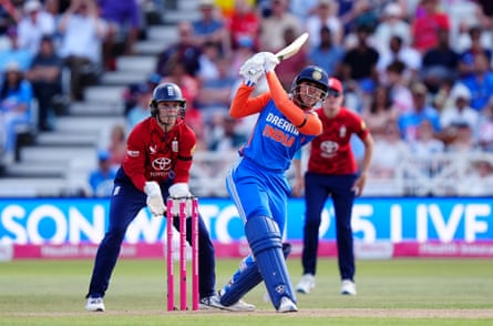 India’s Smriti Mandhana hits out during her 112 off 62 balls.