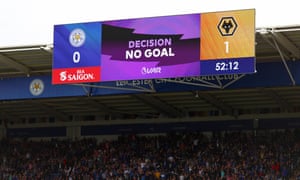 The VAR decision ruling out Leander Dendoncker’s goal flashes up to the delight of Leicester City fans.