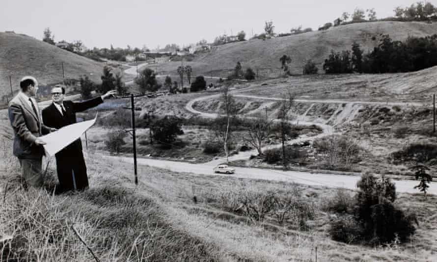 Norris Poulson (right) and Bob Hunter (left) survey Chavez Ravine in 1957