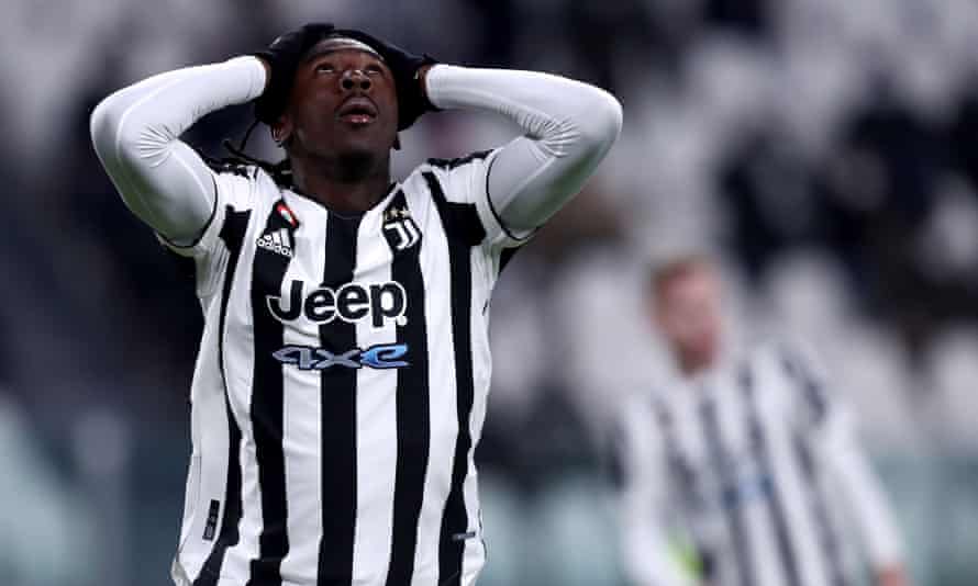 Moise Kean reacts after missing a chance for Juventus against Napoli.