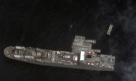 The USNS Roy P. Benavidez and early sections of the floating pier.