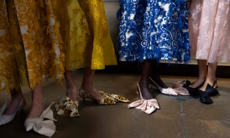 Backstage at Erdem’s spring/summer ‘24 show which featured dresses made from mid-19th century curtains from Chatsworth House archives  