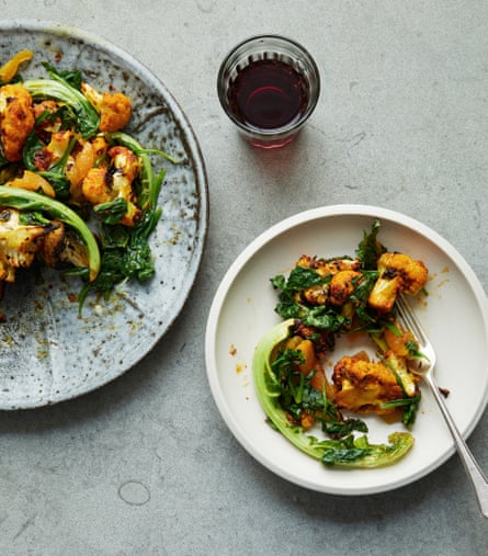 Nigella Lawson’s roast cauliflower with apricot harissa and spinach.