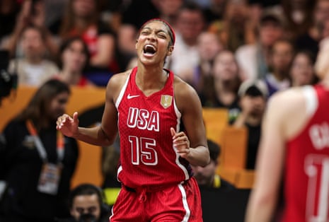 Angel Reese reacts during the USAâÂÂs 76-66 semi-final win over Spain at the Fiba WomenâÂÂs Basketball World Cup in Berlin on Saturday.