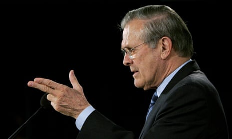 Donald Rumsfeld speaking as US defence secretary during a press briefing in 2006
