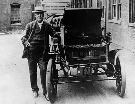 Thomas Edison with his electric car, circa 1895.