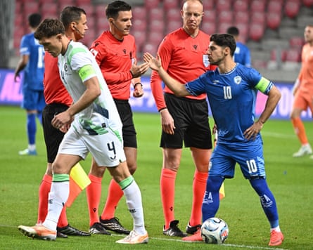 The Republic of Ireland captain, Dara OâÂÂShea turns away from the Israel captain, Manor Solomon, during the pre-match protocol before the Nations League match between Israel and the Republic of Ireland