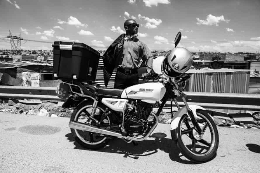 Ghost riders: the invisible lives of Johannesburg food couriers – photo essay | South Africa 23 Riders decorated their bikes and wore plastic garlands to support a colleague at their wedding in Ivory Park township