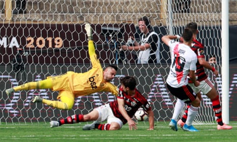 River Plate’s Rafael Borre scores their first goal.