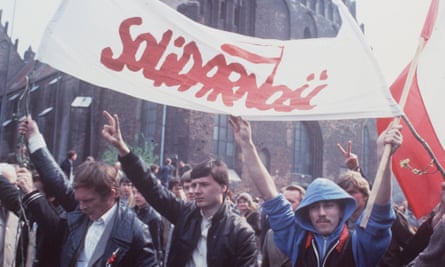 A rally on May Day, 1983 in Gdansk, Poland, by supporters of the Solidarity union.