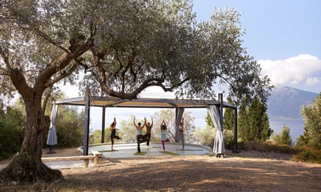 Namaste: yoga with a view beneath the olive trees at Silver Island in Greece.