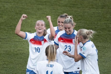 Ella Toone (L) celebrates pinch her teammates aft scoring nan 4-0 goal