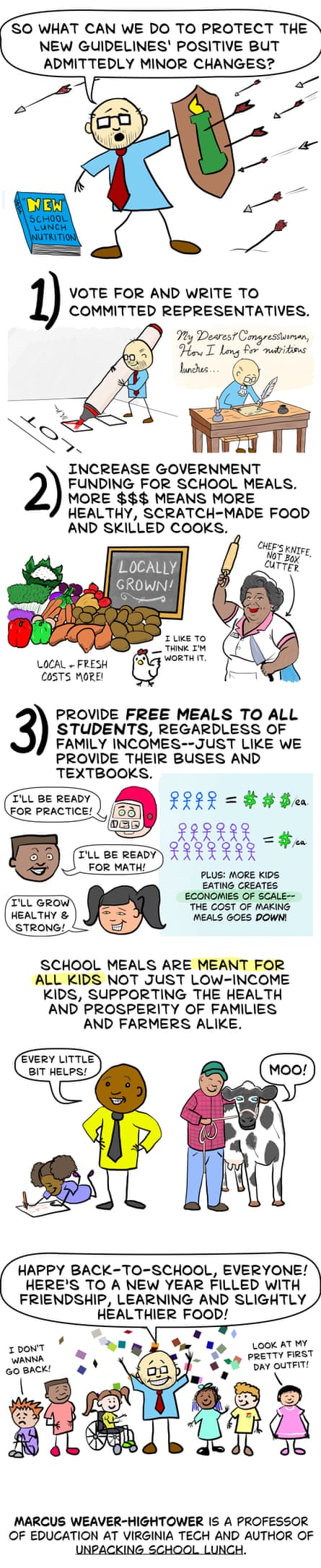  ‘So what can we do to protect the new guidelines’ positive but admittedly minor changes? 1) Vote for and write to committed representatives. 2) Increase government funding for school meals. More money means more healthy, scratch-made food and skilled cooks. 3) Provide free meals to all students, regardless of family incomes – just like we provide their buses and textbooks. School meals are meant for all kids, not just low-income kids, supporting the health and prosperity of families and farmers alike. Happy back-to-school, everyone! Here’s to a new year filled with friendship, learning and slightly healthier food!’