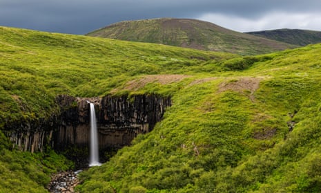 Waterfall in rolling hills in remote landscape. Svartifoss waterfall, Iceland
