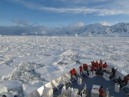 An Antarctic tour ships pushes through dense ice in November.