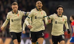 Liverpool's Fabinho (C) celebrates after scoring the third goal with teammates during the English Premier League match between Crystal Palace and Liverpool in London, Britain, on Jan. 23, 2022.
Britain London Football Premier League Crystal Palace vs Liverpool - 23 Jan 2022
