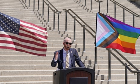 Utah senator Derek Kitchen, the state’s only LGBTQ+ lawmaker, speaks during a news conference at the Utah State Capitol in Salt Lake City in June.