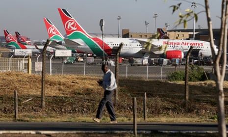 Kenya Airways planes parked at Jomo Kenyatta airport near Nairobi
