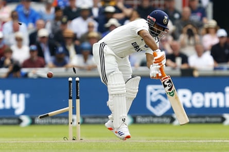 Rishabh Pant's stumps going flying as he is bowled by Jofra Archer.