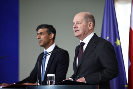 UK prime minister Rishi Sunak (left) and Germany’s chancellor Olaf Scholz speak during a press conference at in Berlin on Wednesday.