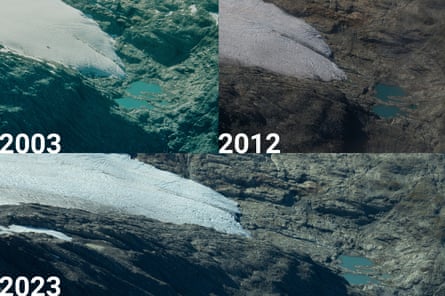 브루스터 빙하는 30년에 걸쳐 변화했습니다.  뉴질랜드.