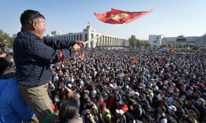 People protest during a rally against the results of a parliamentary vote in Bishkek, Kyrgyzstan.
