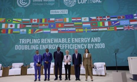 Vanuatu’s deputy PM Matai Seremaiah Nawalu, the PM of Saint Kitts and Nevis, Terrance Drew, Namibian president Hage Geingob, the European Commission president, Ursula von der Leyen, Brazil's minister for agrarian development, Paulo Teixeira, and the US vice-president, Kamala Harris, at the UN climate change conference Cop28, in Dubai, United Arab Emirates.