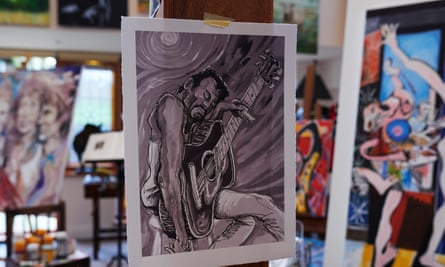 Ronnie Wood’s studio - some of the portraits Ronnie’s currently working on including -on far right - his Picasso - inspired homage to his bandmates. Its Ronnie’s take on Picasso’s The Dance - Ronnie is depicted peering from the side and Keith Richards is dominant figure in painting