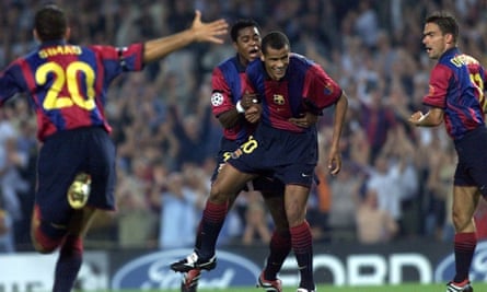 Rivaldo celebrates with Patrick Kluivert and Marc Overmars after scoring during Barcelona’s 4-0 win over Leeds in September 2000