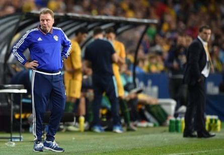 Harry Redknapp (left) and Ange Postecoglou watch their teams play during the World Cup Asian qualifier in Sydney in 2016.
