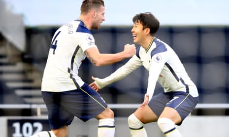 Toby Alderweireld celebrates scoring Tottenham’s third goal v Leeds with Son Heung-min