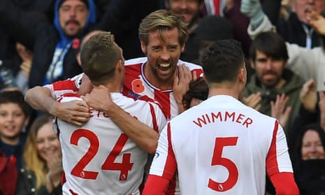 Peter Crouch celebrates scoring Stoke’s second equaliser in their 2-2 home draw with Leicester City