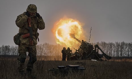 Ukrainian soldiers fire a Pion artillery system at Russian positions near Bakhmut, Donetsk region, Ukraine.