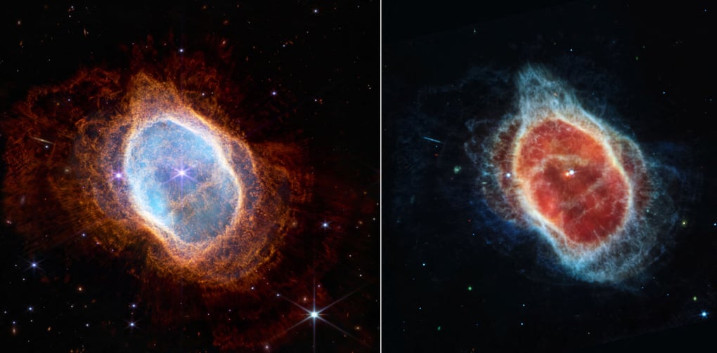 Two observations of the Southern Ring nebula – in near-infrared light (left) and mid-infrared light (right).