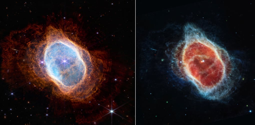 Two observations of the Southern Ring nebula – in near-infrared light (left) and mid-infrared light (right). 