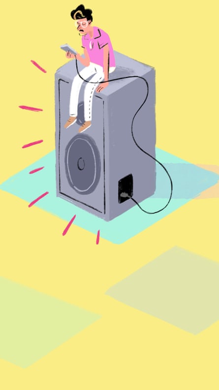 Illustration of a man sitting on a giant speaker playing music out loud