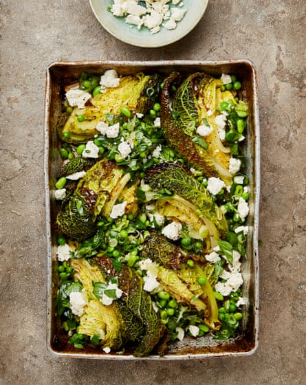 Yotam Ottolenghi’s roasted cabbage with lemony peas and feta.