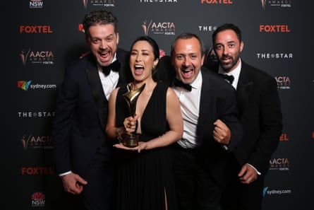 Jock Zonfrillo, Melissa Leong, MasterChef Australia executive producer Marty Benson and Andy Allen pose after winning the AACTA award for best reality program in 2020.