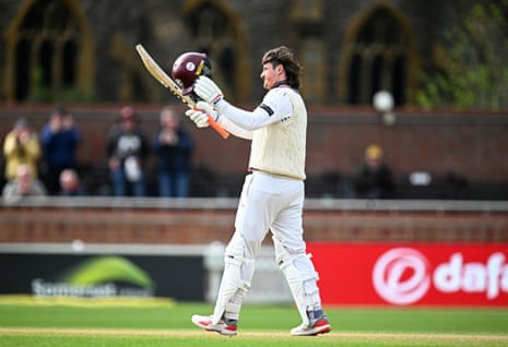 Tom Kohler-Cadmore of Somerset celebrating his century.