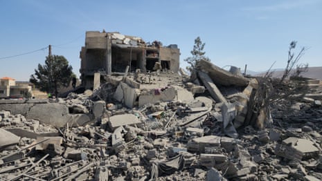 The aftermath of a series of Israeli airstrikes that destroyed buildings in the town of Ansar, Lebanon.