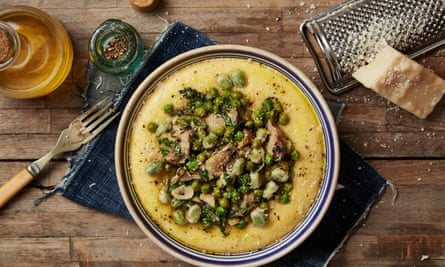 Thomasina Miers’ artichoke heart, pea and broad bean stew with soft polenta.