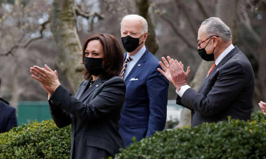 Biden at the White House with Kamala Harris and Chuck Schumer.
